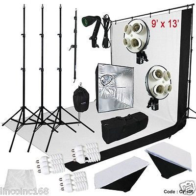 Linco BW Backdrop Support Photography Kit – 9 Fluorescent Lights, Softboxes, Background, 1500W Total, LK314