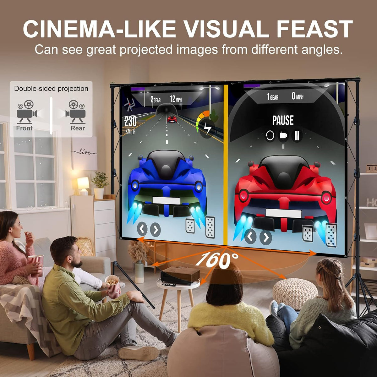 LINCO (150"/120") Projector Screen with Stand, Indoor Outdoor Movie Projector Screen 4K HD 16: 9 Wrinkle-Free Design with Carrying Bag for Backyard Movie Night