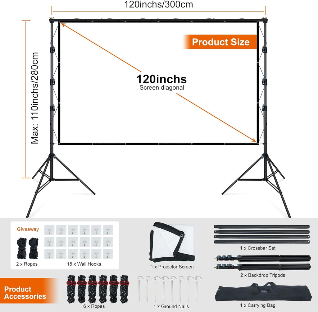 LINCO (150"/120") Projector Screen with Stand, Indoor Outdoor Movie Projector Screen 4K HD 16: 9 Wrinkle-Free Design with Carrying Bag for Backyard Movie Night
