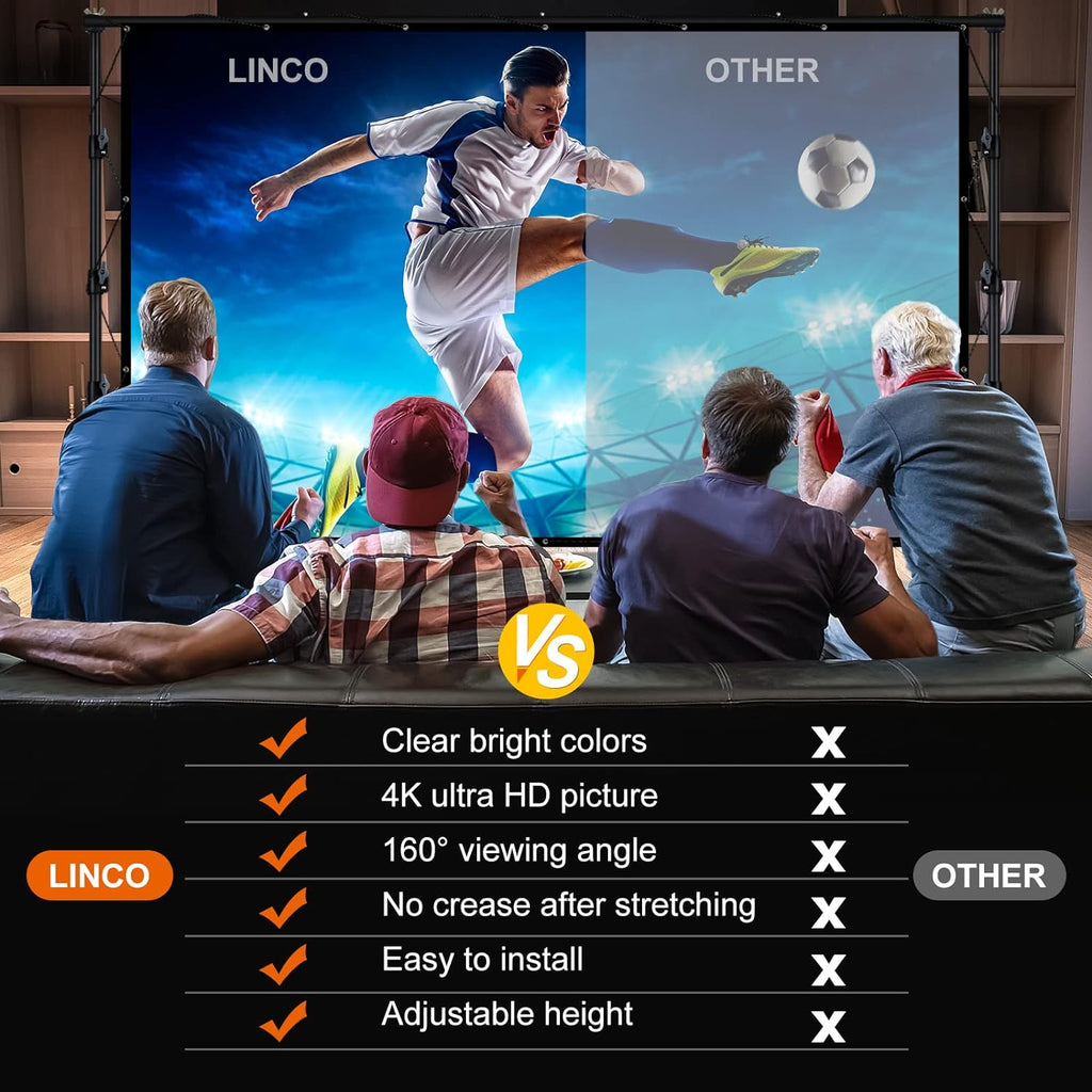 LINCO (150"/120") Projector Screen with Stand, Indoor Outdoor Movie Projector Screen 4K HD 16: 9 Wrinkle-Free Design with Carrying Bag for Backyard Movie Night