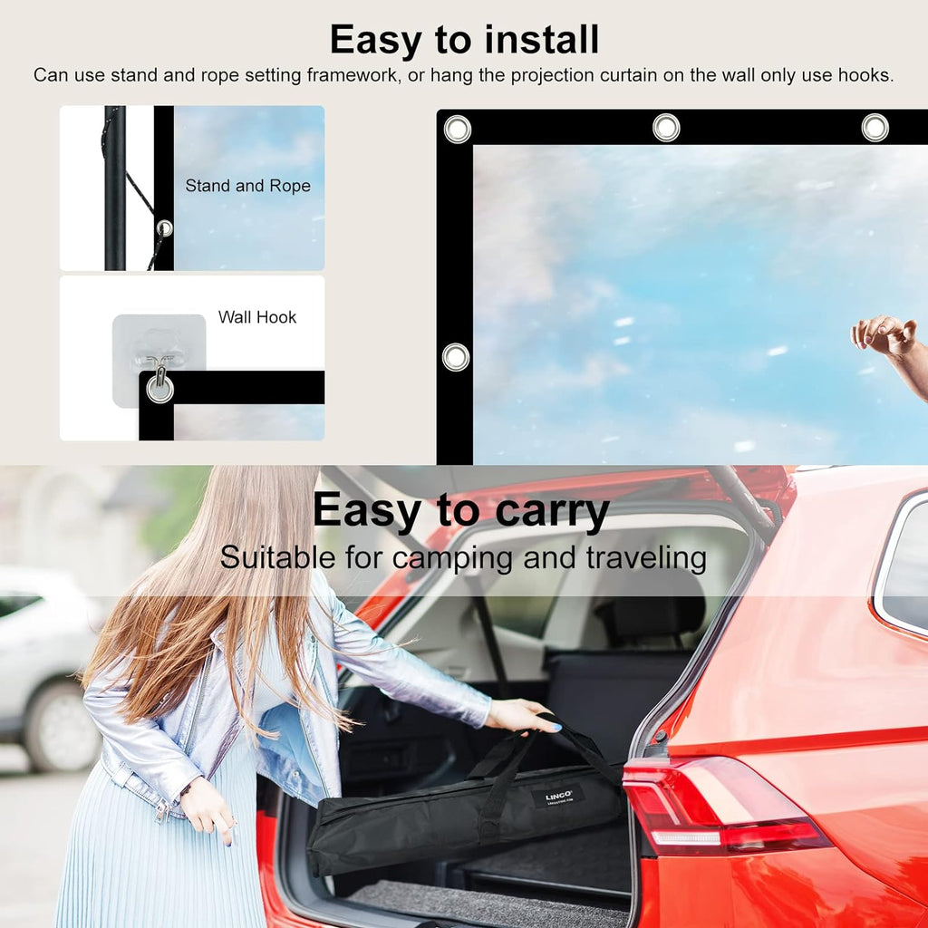 LINCO (150"/120") Projector Screen with Stand, Indoor Outdoor Movie Projector Screen 4K HD 16: 9 Wrinkle-Free Design with Carrying Bag for Backyard Movie Night