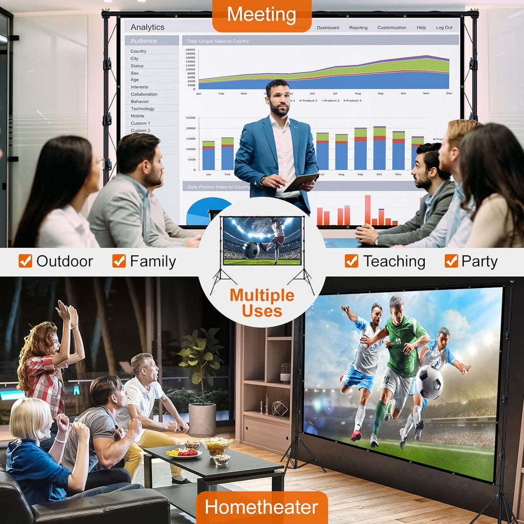 LINCO (150"/120") Projector Screen with Stand, Indoor Outdoor Movie Projector Screen 4K HD 16: 9 Wrinkle-Free Design with Carrying Bag for Backyard Movie Night