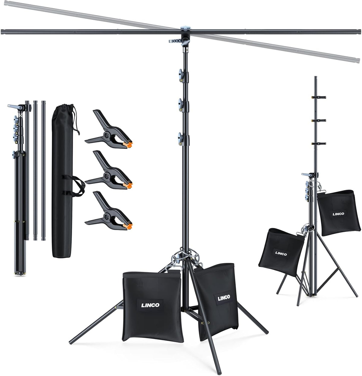 LINCO T-Shape Background Backdrop Support Stand Kit 6.7ftx9.5ft with 3 Clamp 2 Counterweight Bag