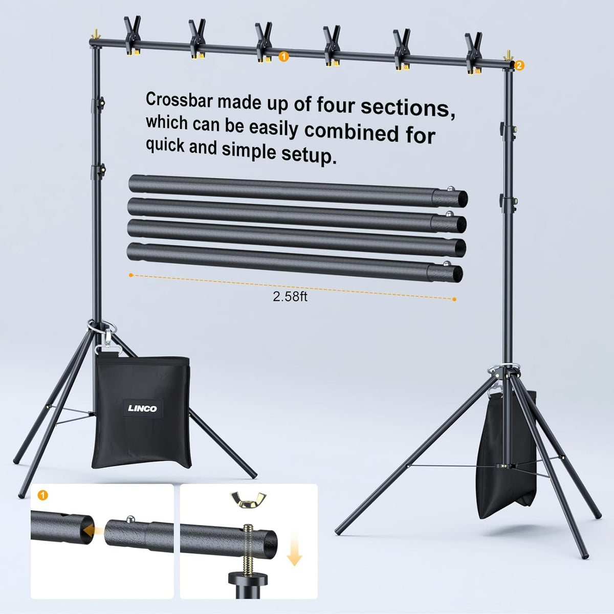LINCO Adjustable Backdrop Stand for Parties Kit 10x7 Backdrop Photography Studio Photo Background Support System with Clamps, Sand Bag, Carry Bag 4172
