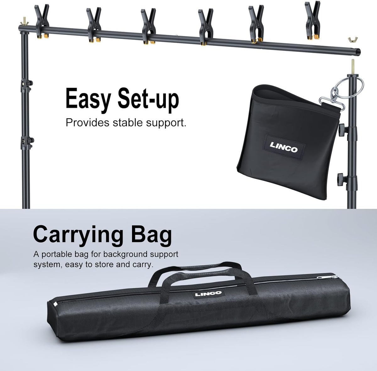 LINCO Adjustable Backdrop Stand for Parties Kit 10x7 Backdrop Photography Studio Photo Background Support System with Clamps, Sand Bag, Carry Bag 4172