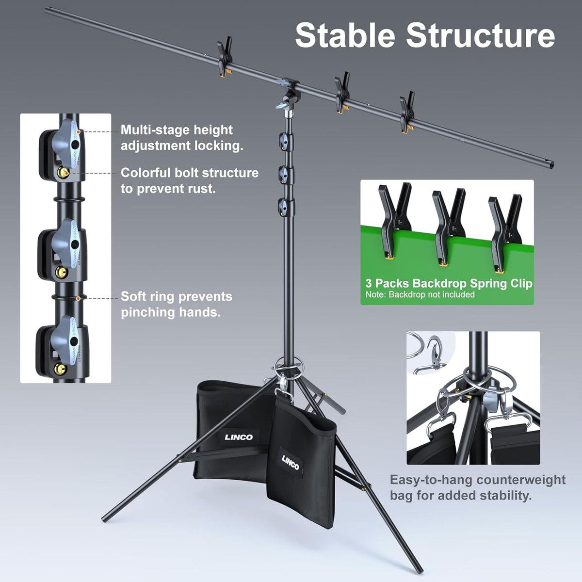 LINCO T-Shape Background Backdrop Support Stand Kit 6.7ftx9.5ft with 3 Clamp 2 Counterweight Bag