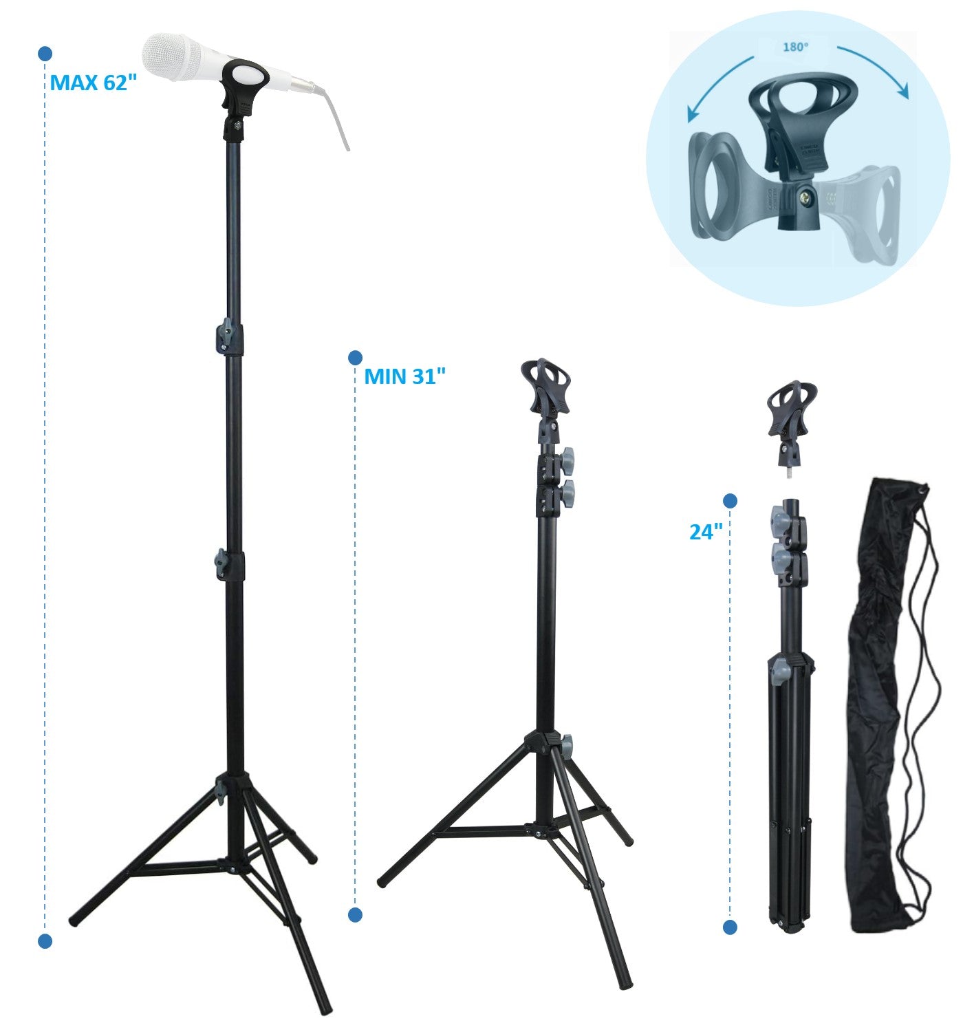 LINCO Adjustable Metal Microphone Stand with Carrying Bag Universal Mic Mount (2.5’ft-5’ft)-Black 8805