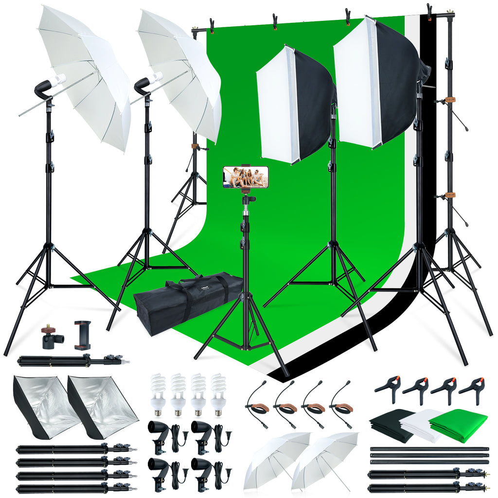 LINCO Lincostore Photo Video Studio Light Kit AM169 - Including 3 Color Backdrops (Black/White/Green) Background Screen