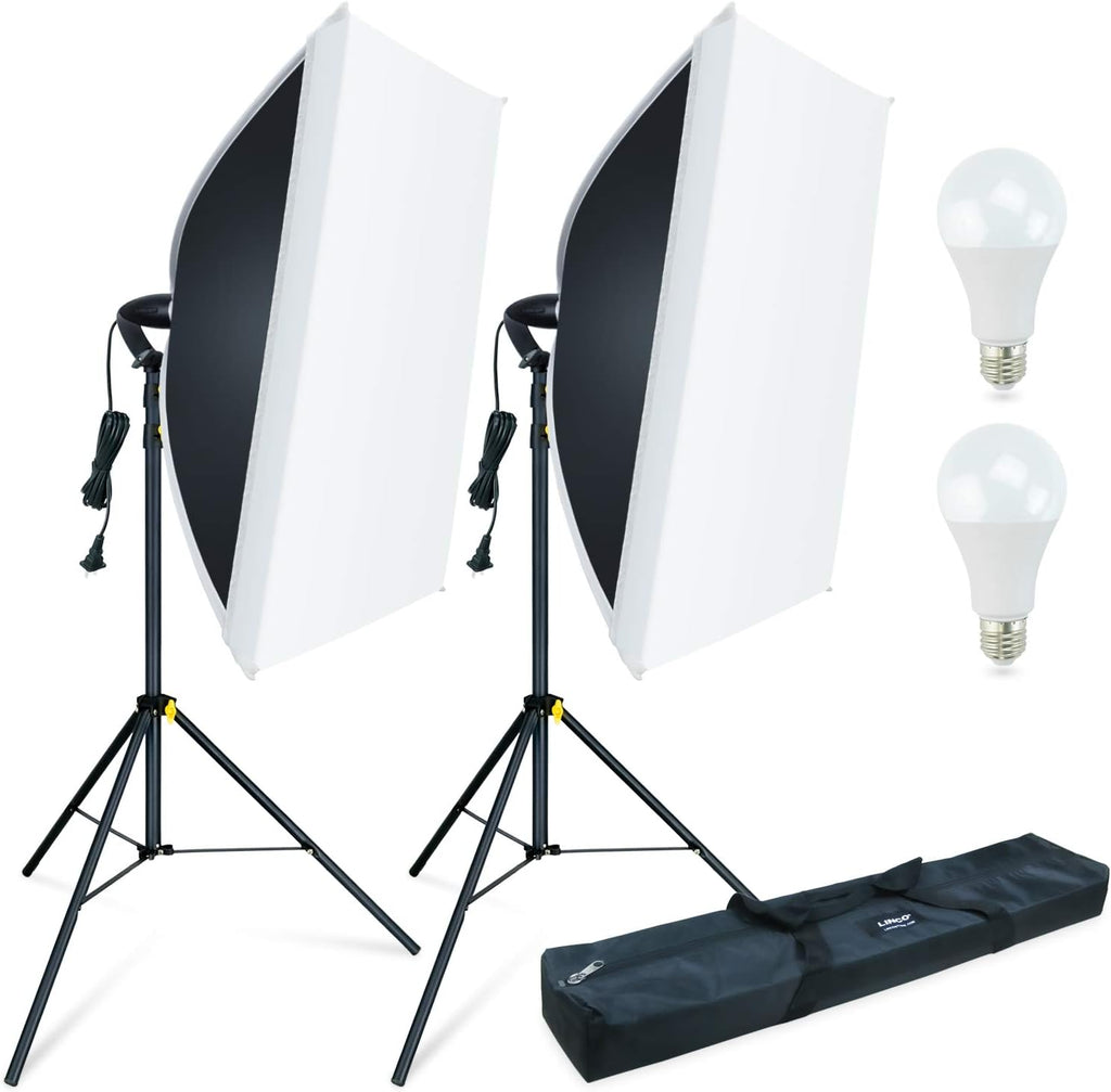 LINCO 2Pack Photography Softbox Lighting Kit Studio Light 20x28in Portable Continuous Light with E26/E27 800 Lumens Bulbs for Video
