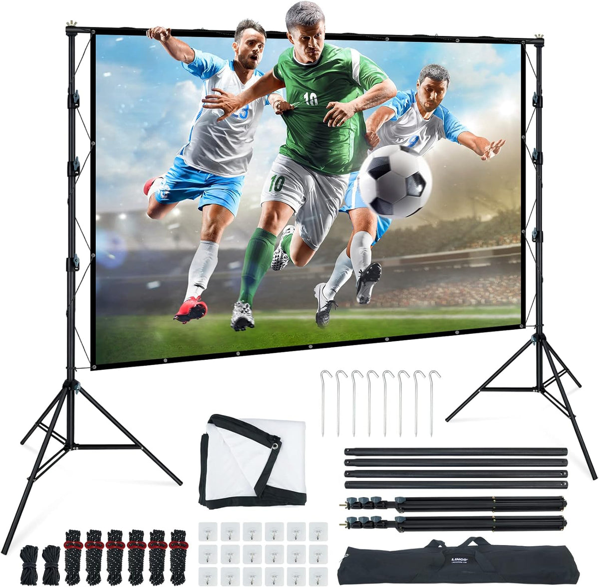 LINCO (150"/120") Projector Screen with Stand, Indoor Outdoor Movie Projector Screen 4K HD 16: 9 Wrinkle-Free Design with Carrying Bag for Backyard Movie Night
