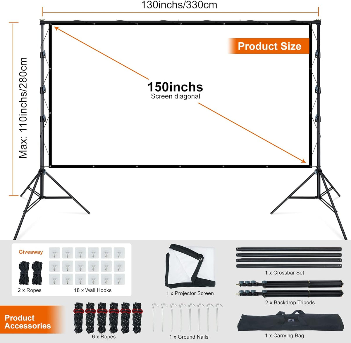 LINCO (150"/120") Projector Screen with Stand, Indoor Outdoor Movie Projector Screen 4K HD 16: 9 Wrinkle-Free Design with Carrying Bag for Backyard Movie Night