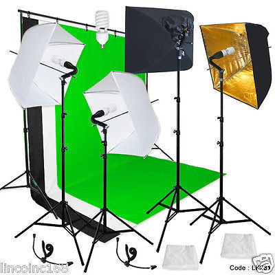 Photography Backdrop stand 3 Muslins Studio Lighting Light Softbox Kit Linco