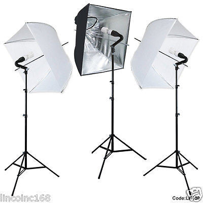 Photography Studio Video Photo Square Softbox Lighting 3 Bulbs 3 Light Stand Kit