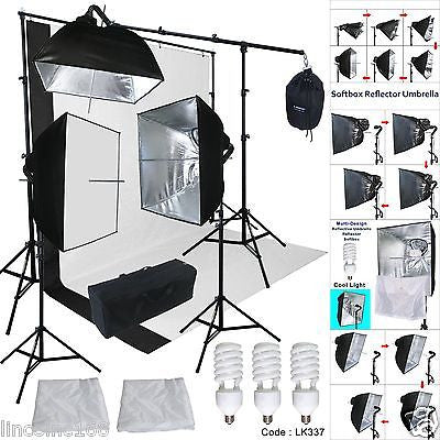 Cirrus 3 Light Kit with Silver Pheno Square Umbrellas and Boom. Background Support, BW Muslins and Bag Included