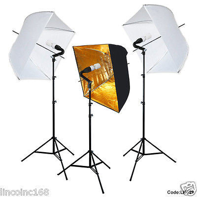 Square Softbox Photography Studio Video Photo Lighting 3 Bulbs 3 Light Stand Kit