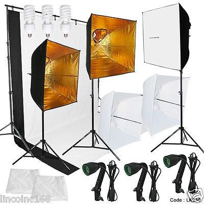 Photography Lighting Muslin Backdrop Stand Studio Kit 3 Light Bulb 3 Backdrop