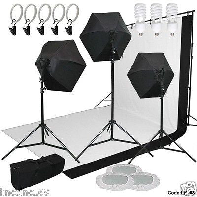 9x13 BW Backdrop Support Stand Photography Studio Video 3 Softbox Lighting Kit