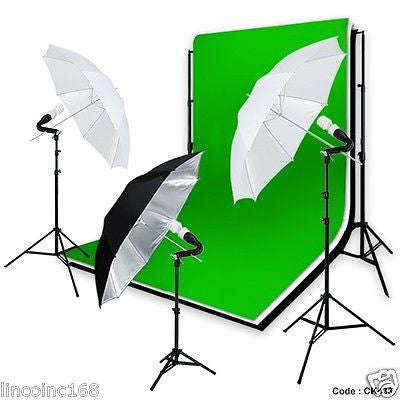 Linco 5'x10' Black White Green Chroma Key Backdrop Kit Photo Umbrella Light Kit